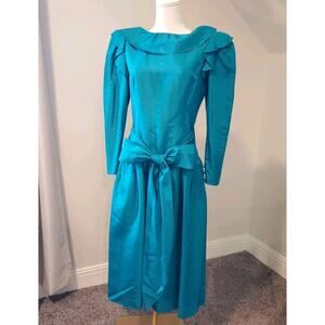 Halston III Dress Vintage Teal Blue Formal Midi Drop Waist Wide Sash Textured LN